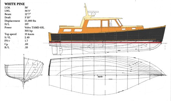 design specifications and hull lines for White Pine, 38' Lobsteryacht
