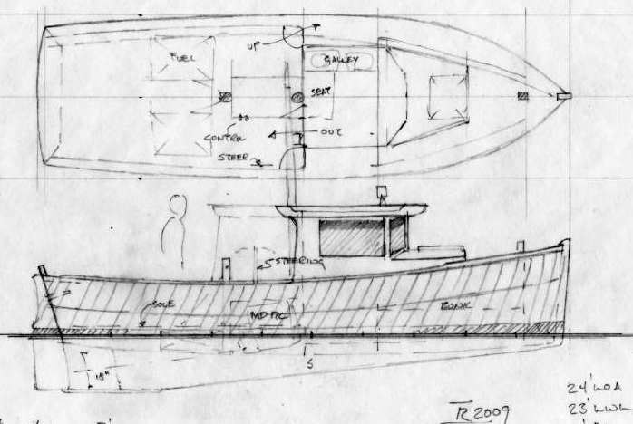 Big Alder 24, simple flat-bottomed workboat with overnight accommodations