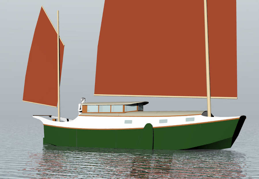 Harry II, 30' LOD, 27' LWL Sailing Scow ~ Small Boat Designs by Tad 